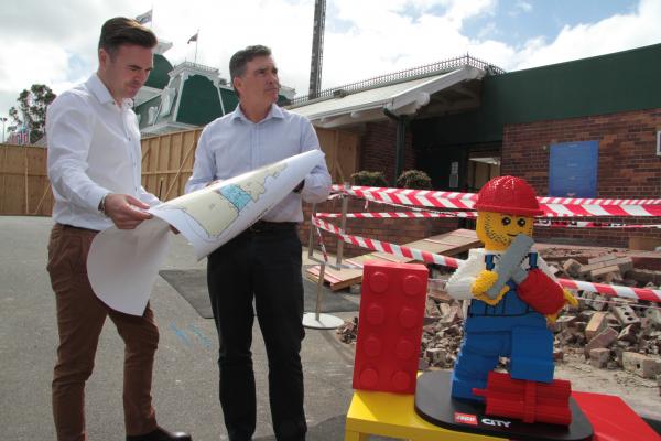 LEGO Senior Director of Marketing (AU&NZ) Troy Taylor (Left) and DW CEO Craig Davidson inspect the LEGO construction site at Dreamworld.JPG